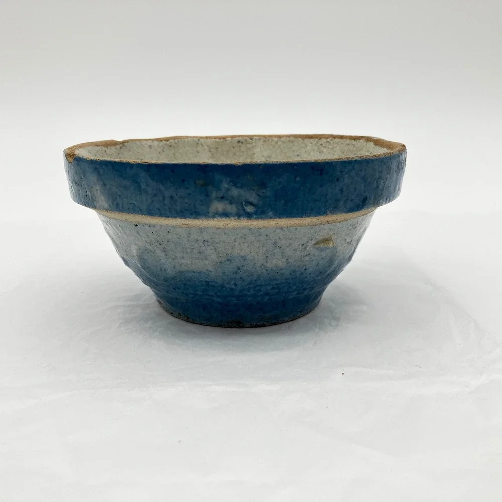 1900s Antique Blue&White Salt Glazed Stoneware Nesting Mixing Bowl Wedding Ring